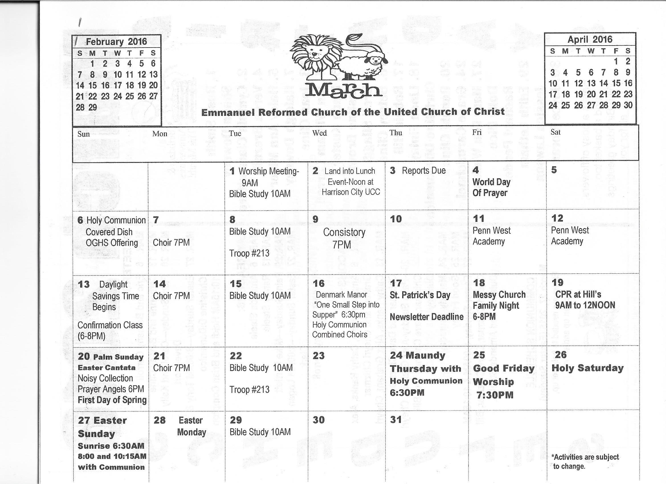 March 2016 Calendar