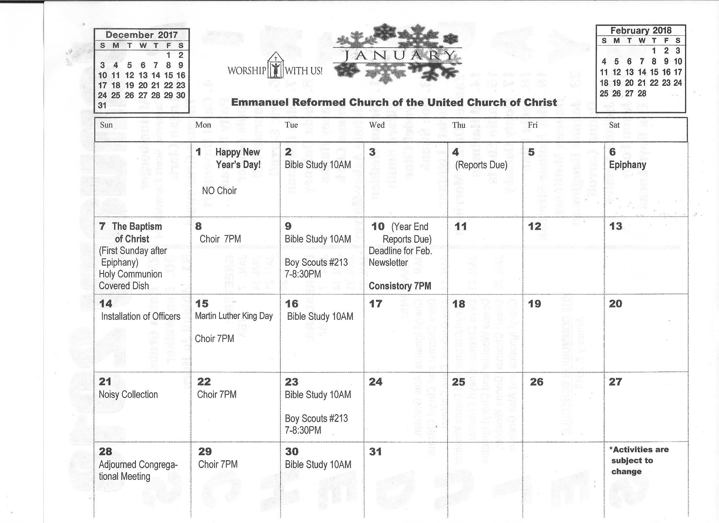 January 2018 Calendar